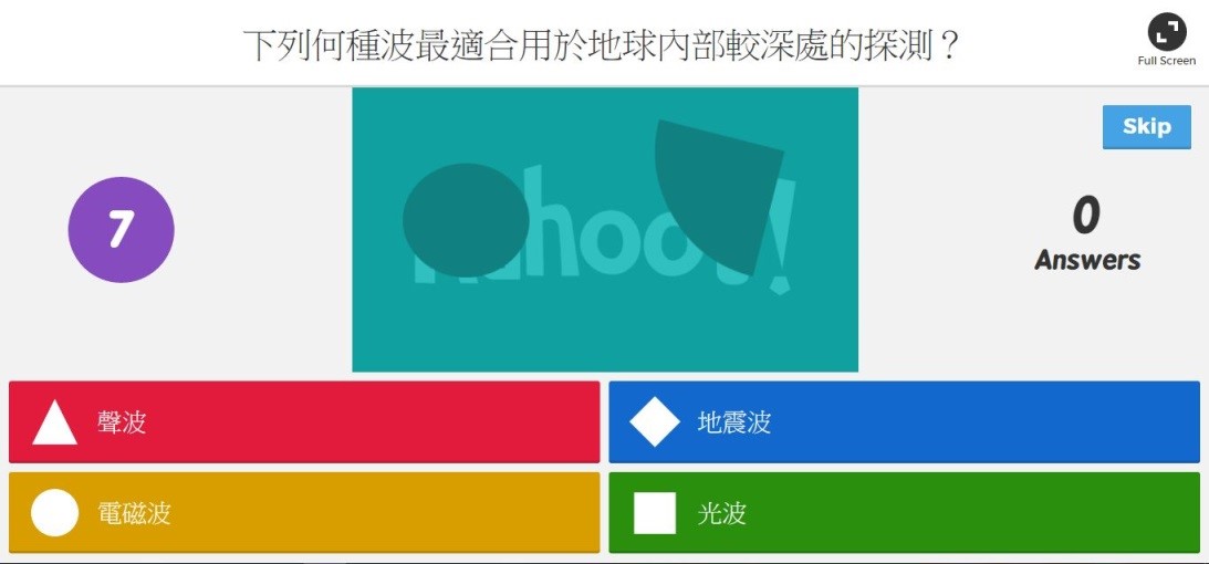 圖一：Kahoot! 投影幕上題目與選項的畫面