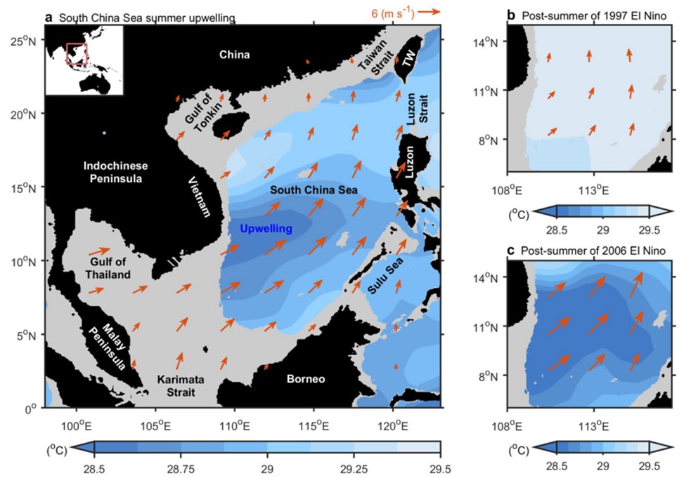 圖1：越南外海湧升流。底色為海表面溫度、箭頭為海表面風。