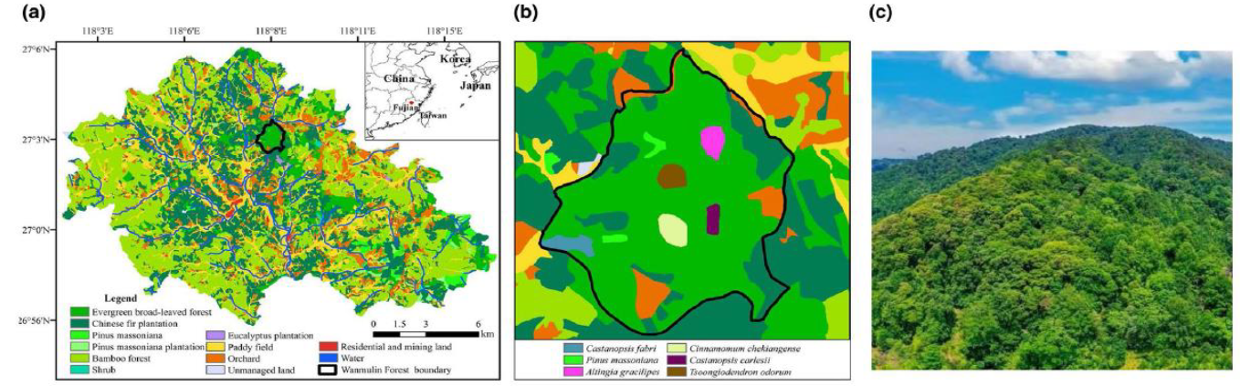 圖(a)：萬木林自然保護區位置；圖(b):保護區內主要樹木群落分布；圖(c):保護區外觀