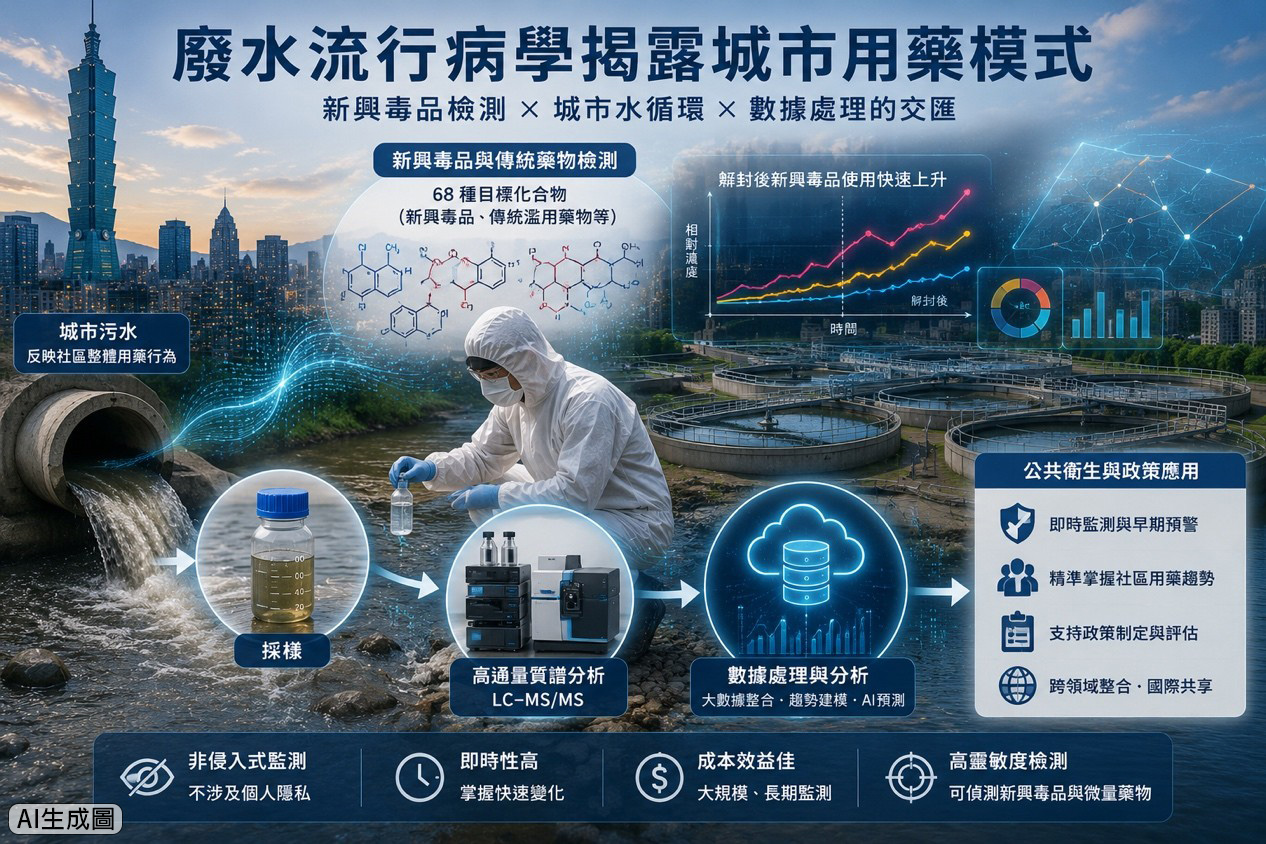 圖一:呈現廢水流行病學的完整監測流程:從都市污水採樣、LC-MS/MS 定量分析,到社區尺度用藥趨勢推估,以及作為公共衛生政策工具的應用路徑。
